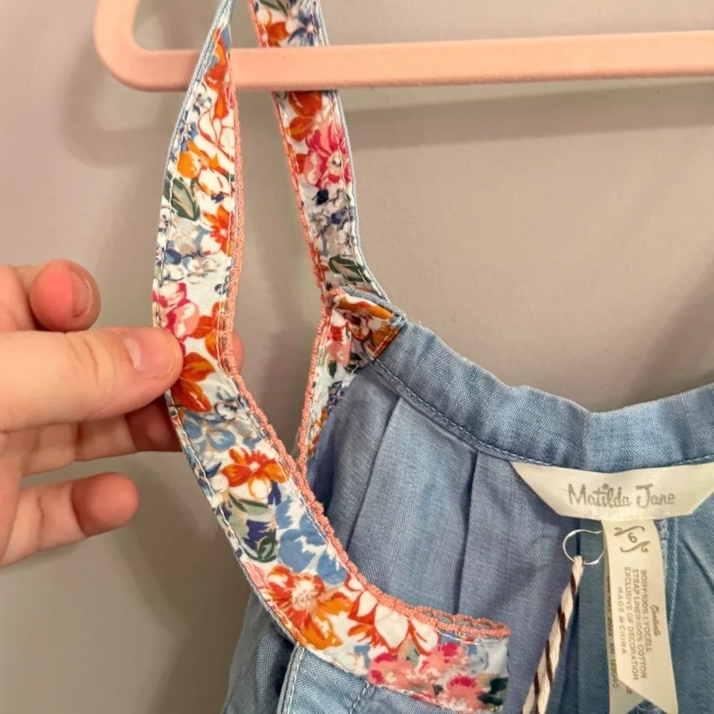 Matilda Jane Denim Chambray Play Romper Overalls Floral Trim‎ Pockets Size 6